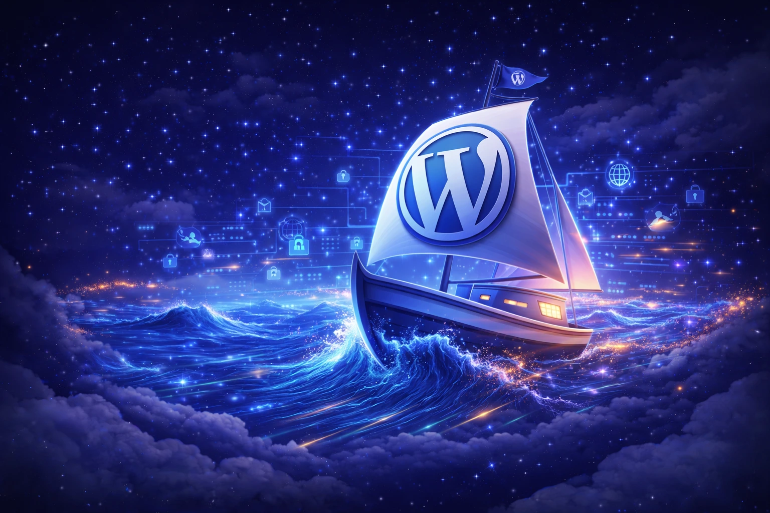 Hosting WordPress, logo WordPress che naviga nel mare di internet.