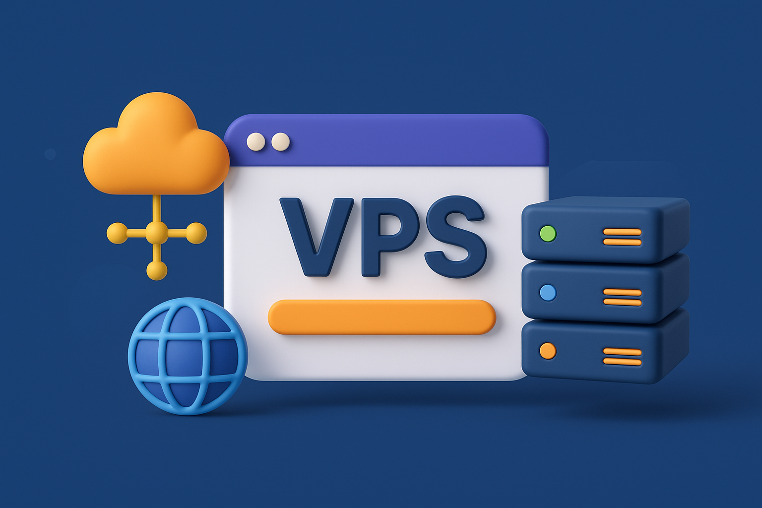 Illustrazione 3D con VPS, server virtuali, cloud e rete globale.